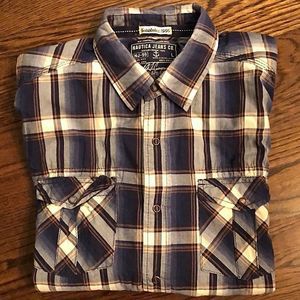 NAUTICA JEANS Long Sleeve Navy White Plaid Western Button Down Shirt Sz Large